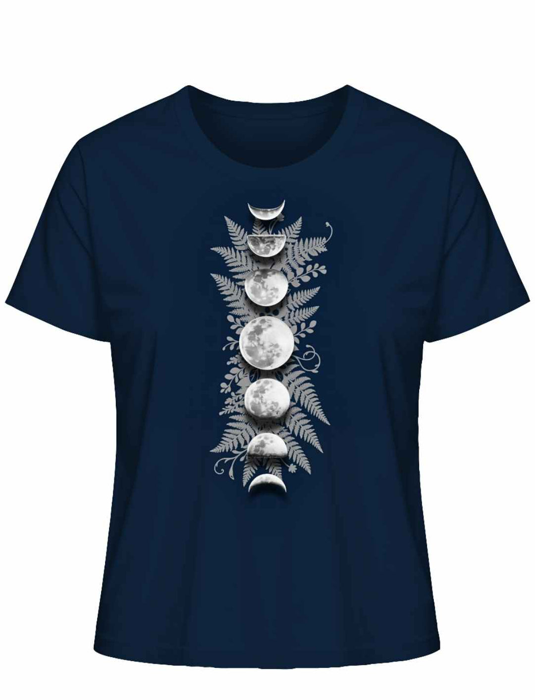 Sacred Moon – Forest Mysteries Damen Organic Shirt French Navy mit Mondphasen und Farnmotiv