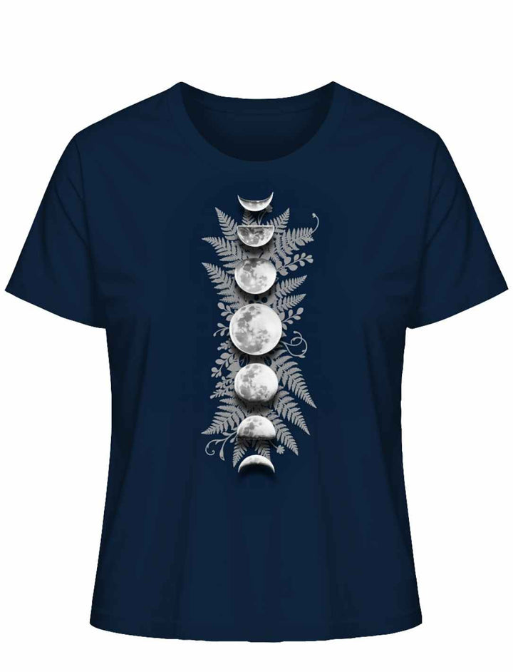 Sacred Moon – Forest Mysteries Damen Organic Shirt French Navy mit Mondphasen und Farnmotiv