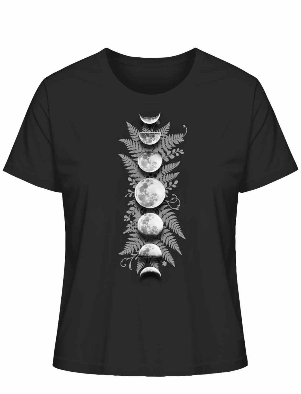 Sacred Moon – Forest Mysteries Damen Organic Shirt Schwarz mit vertikalem Mondphasen Design und Farnen