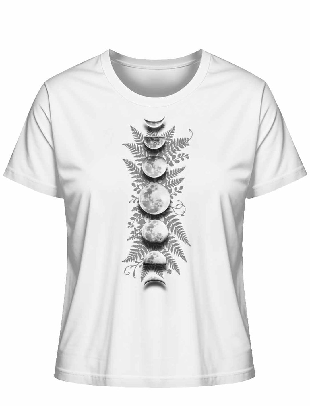 Sacred Moon – Forest Mysteries Damen Organic Shirt Weiß mit Mondphasen und Farn Illustration
