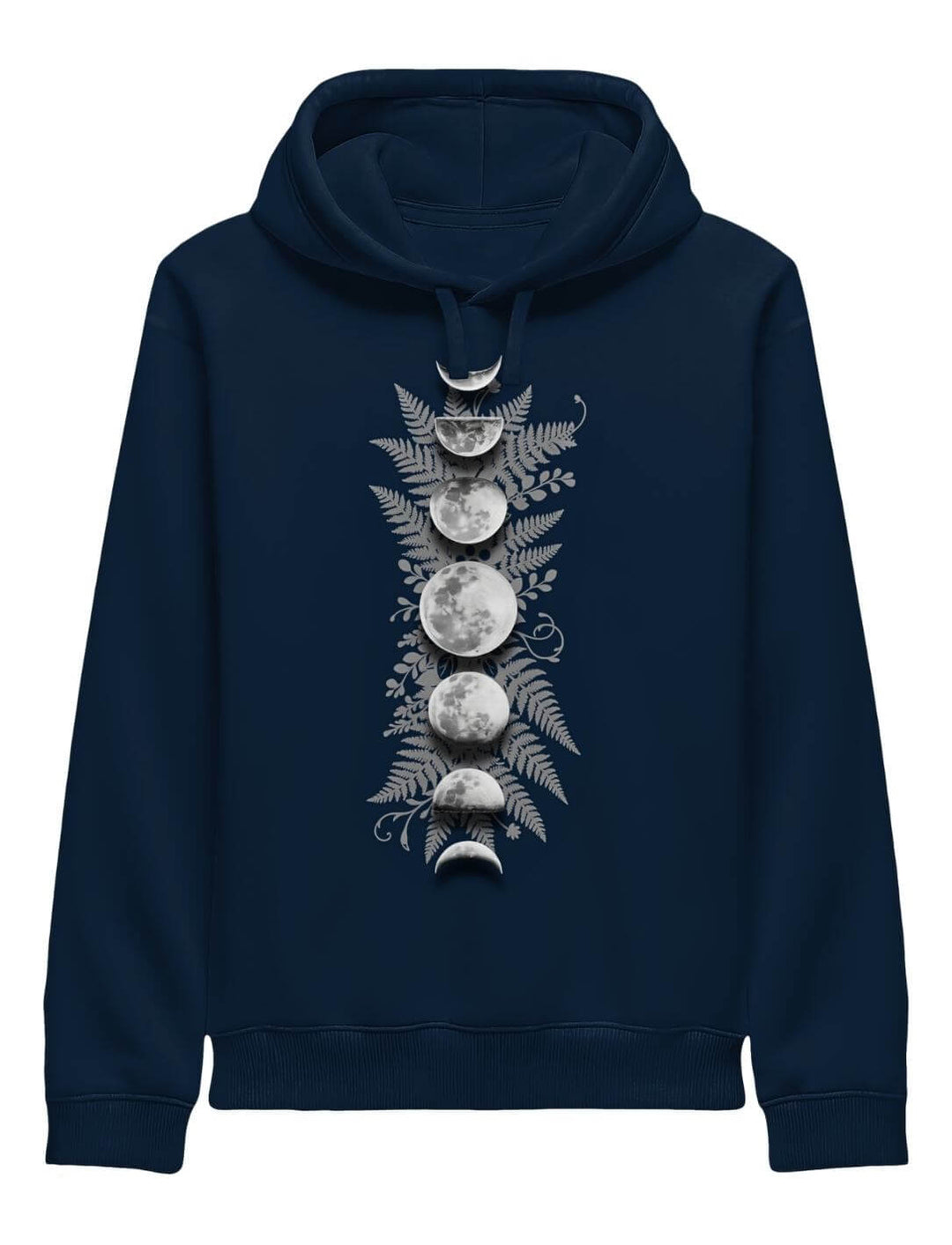 French Navy Organic Hoodie mit Mondphasen und Farn – Sacred Moon Damen Hoodie Runental
