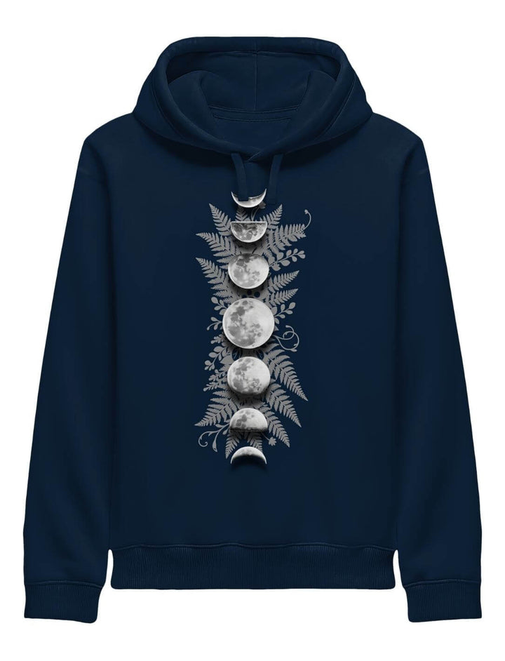 French Navy Organic Hoodie mit Mondphasen und Farn – Sacred Moon Damen Hoodie Runental