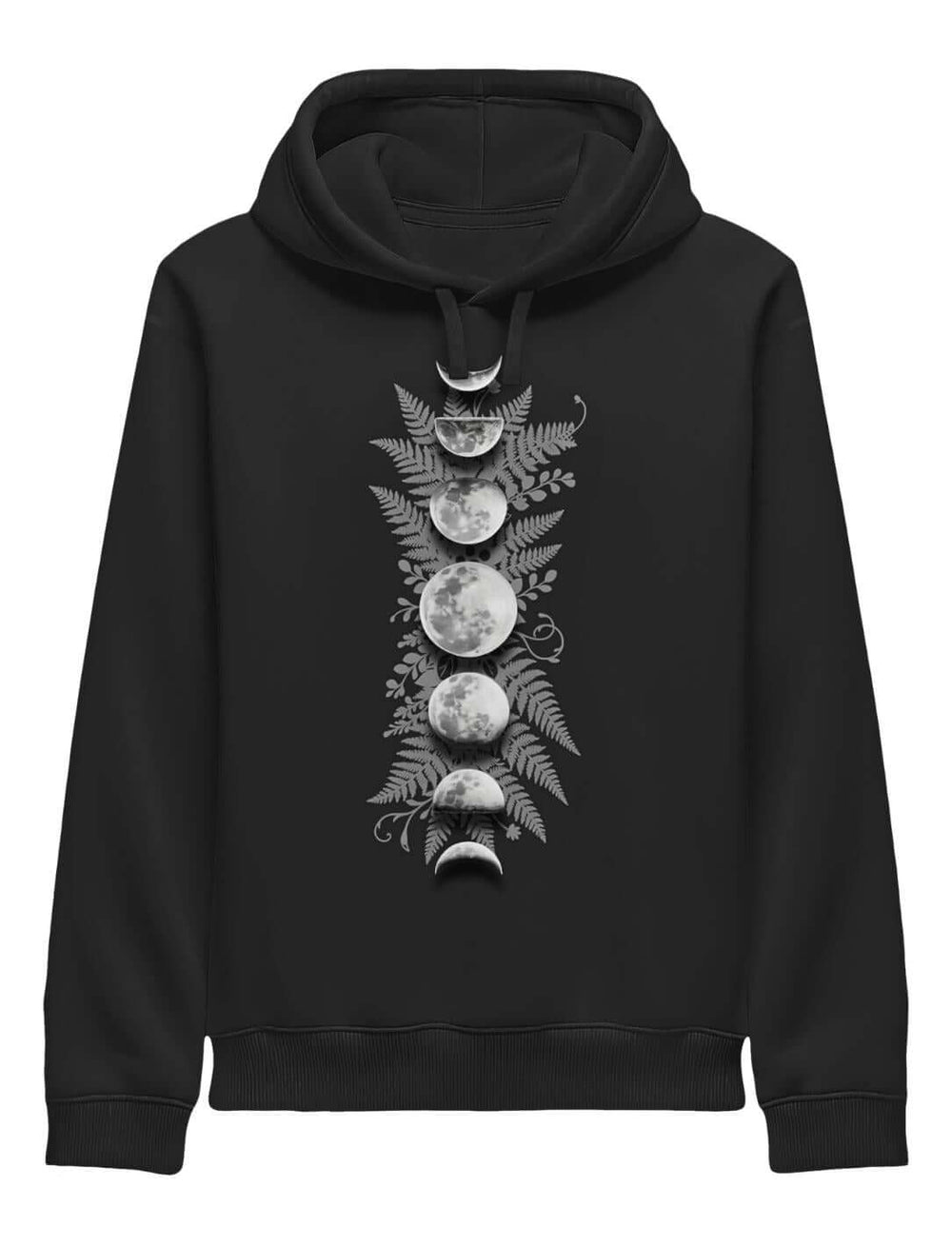 Schwarzer Damen Organic Hoodie mit Mondphasen und Farn Motiv – Sacred Moon Forest Mysteries