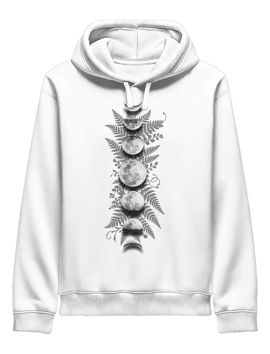 Weißer Damen Organic Hoodie mit Mondphasen Motiv – Sacred Moon Seitentaschen Runental