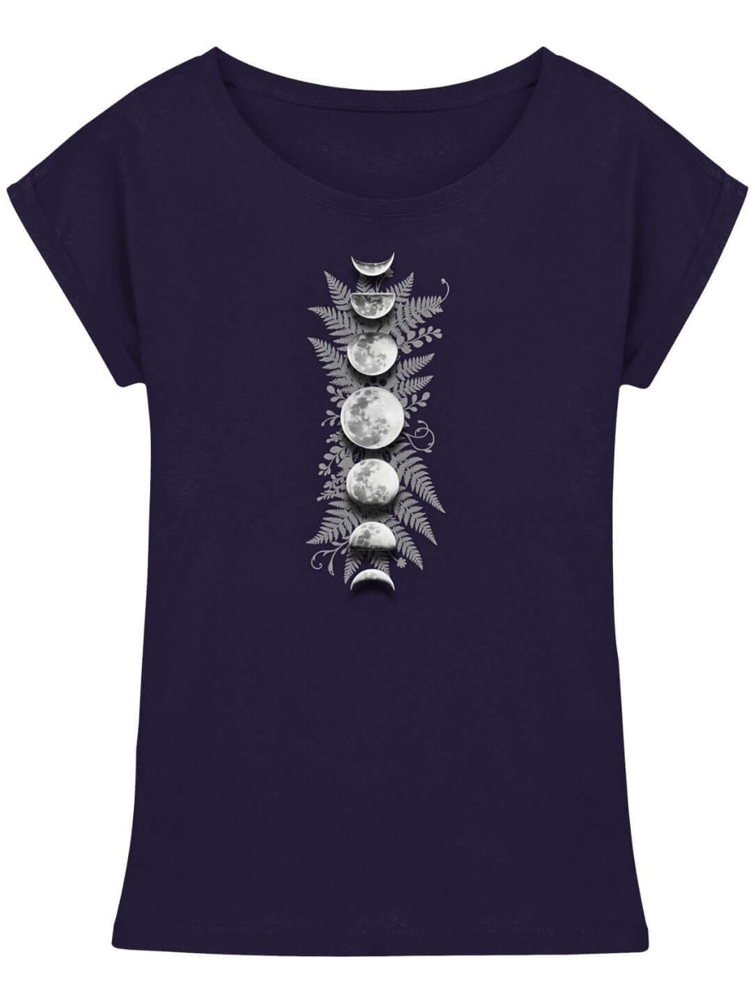 Sacred Moon – Forest Mysteries Damen Longfit Shirt Navy mit Mondphasen und Farn Design