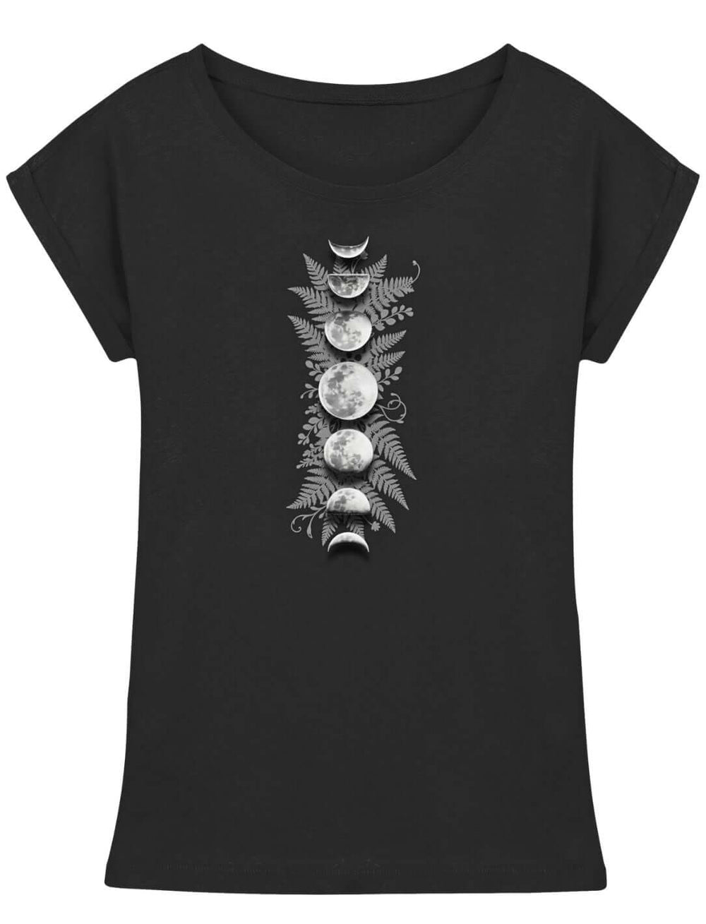 Sacred Moon – Forest Mysteries Damen Longfit Shirt Schwarz mit vertikalem Mondphasen Design