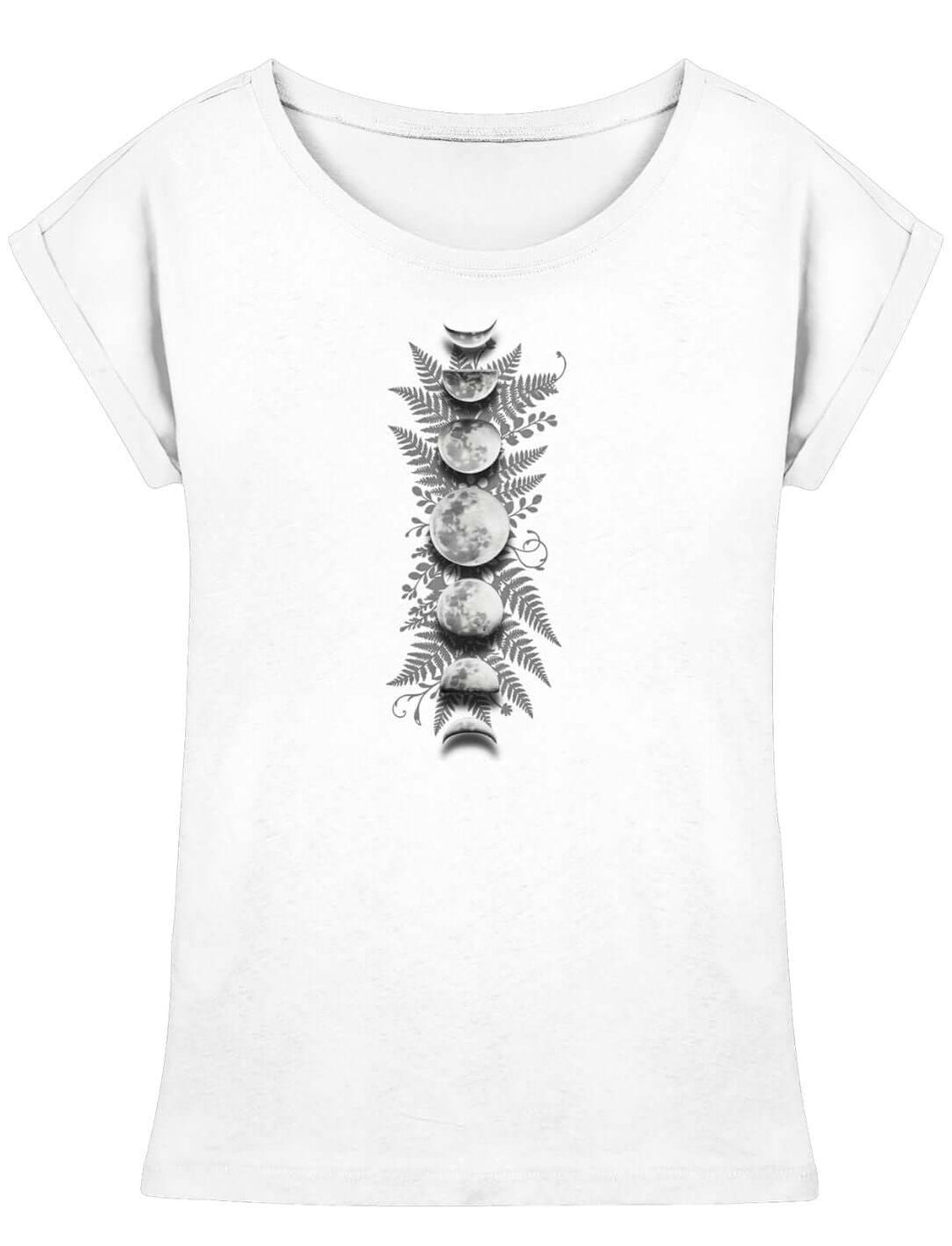 Sacred Moon – Forest Mysteries Damen Longfit Shirt Weiß mit Mondphasen und Farnillustration