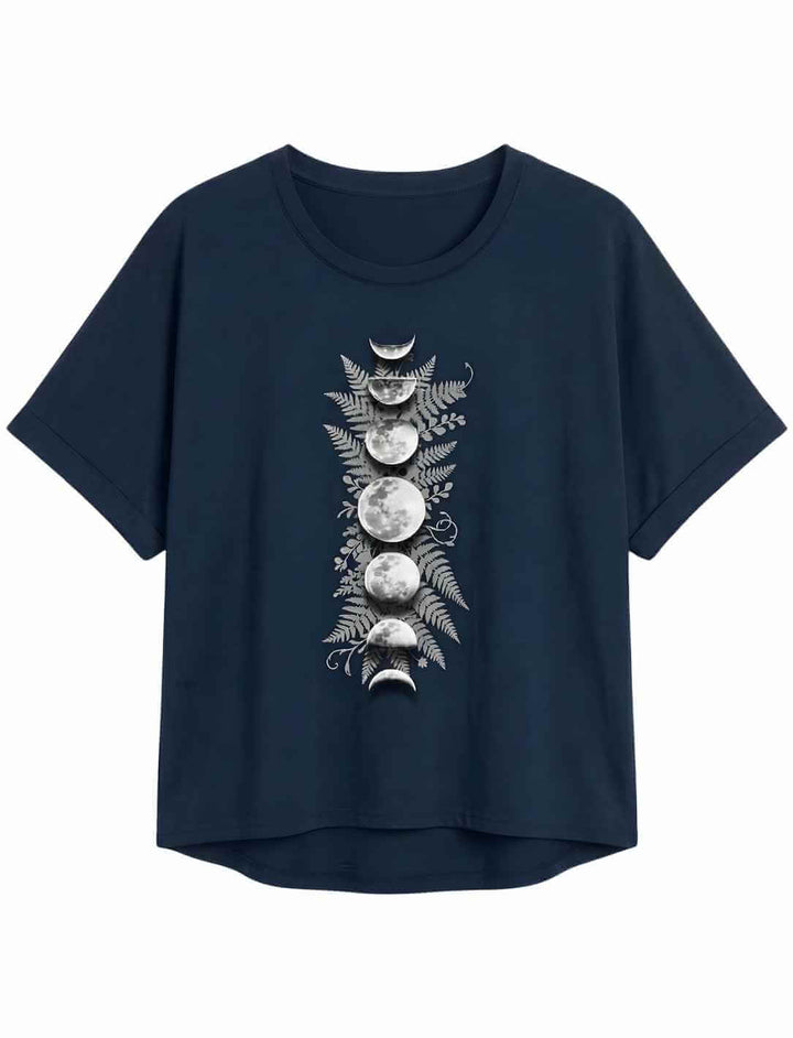 Sacred Moon – Forest Mysteries Damen Relaxed Shirt Navy mit Mondphasen und Farn Design