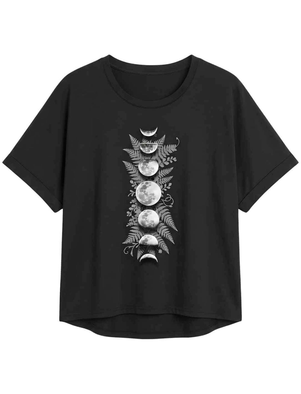 Sacred Moon – Forest Mysteries Damen Relaxed Shirt Schwarz mit vertikalem Mondphasen Design