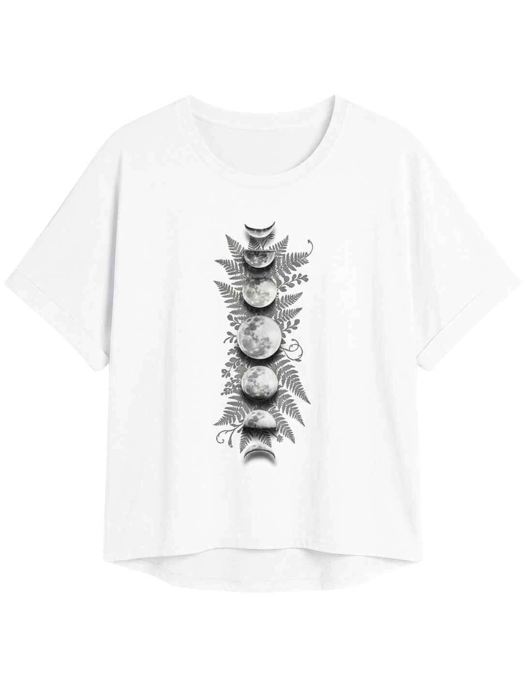 Sacred Moon – Forest Mysteries Damen Relaxed Shirt Weiß mit Mondphasen und Farnillustration