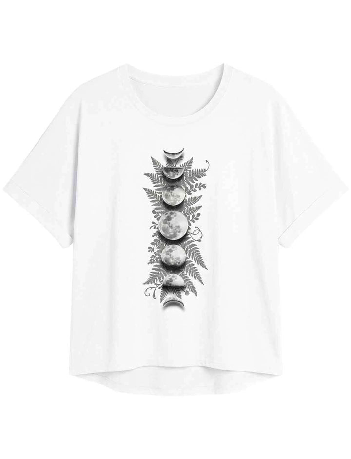 Sacred Moon – Forest Mysteries Damen Relaxed Shirt Weiß mit Mondphasen und Farnillustration