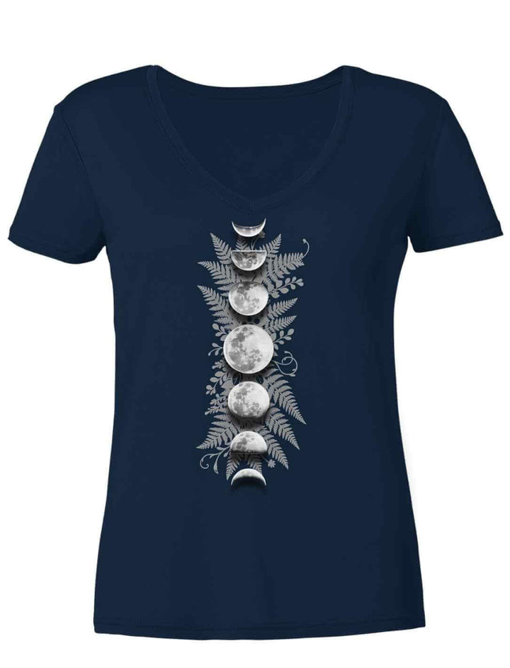 Sacred Moon – Forest Mysteries Damen V-Neck Shirt Navy mit Mondphasen und Farn Design