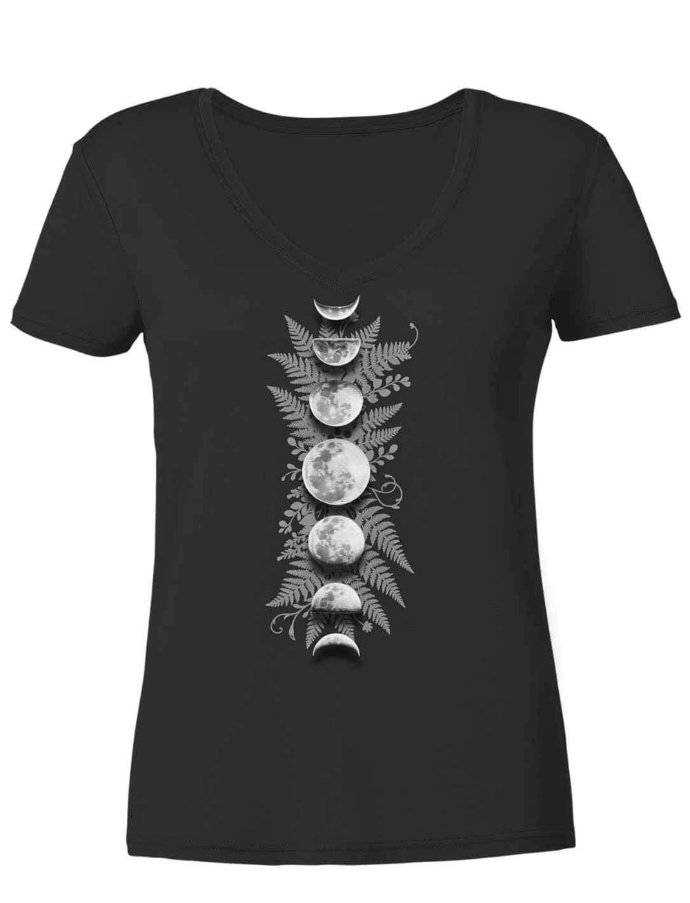 Sacred Moon – Forest Mysteries Damen V-Neck Shirt Schwarz mit vertikalem Mondphasen Design