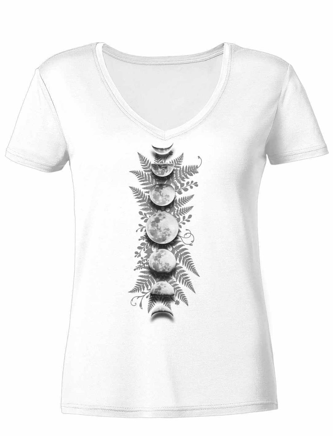 Sacred Moon – Forest Mysteries Damen V-Neck Shirt Weiß mit Mondphasen und Farnillustration