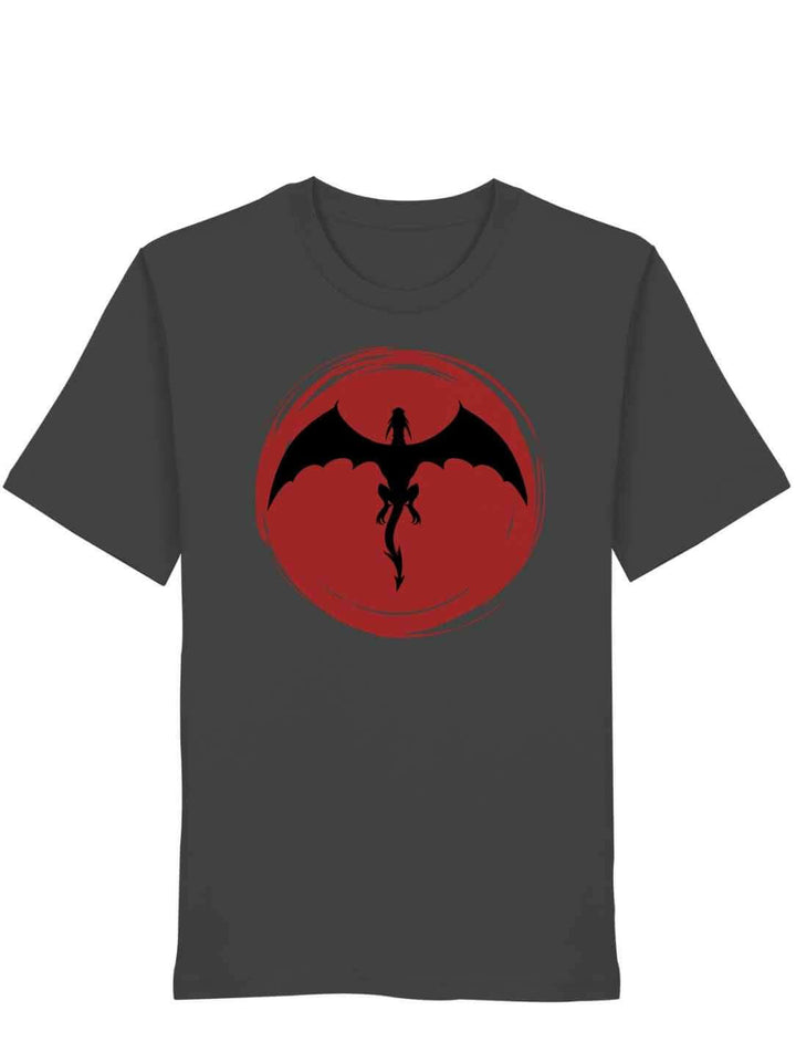 Anthrazitfarbenes Unisex Organic Shirt mit Drachenmotiv „Saga of the Dragon“ auf weißem Hintergrund