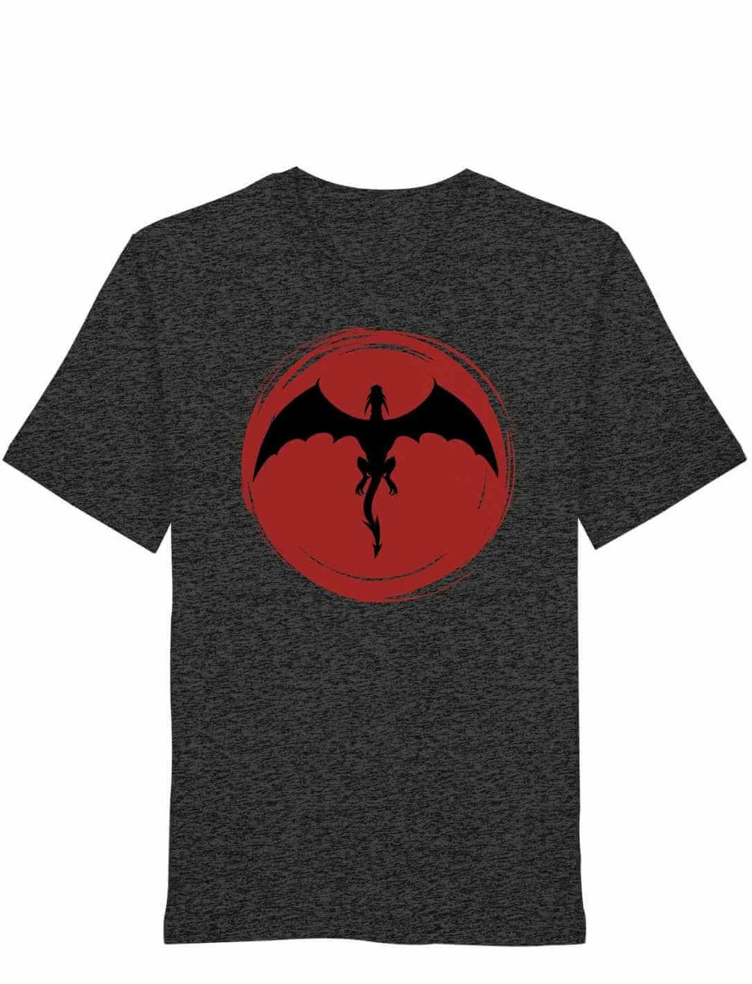 Dunkelgrau Meliertes Unisex Organic Shirt mit Drachenmotiv „Saga of the Dragon“ auf weißem Hintergrund