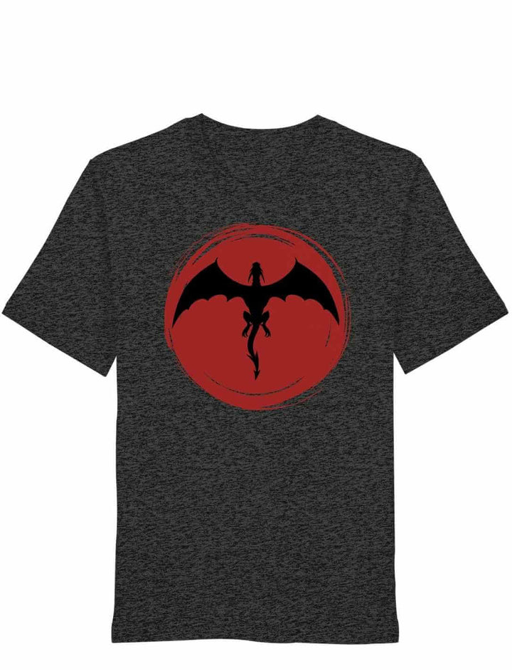 Dunkelgrau Meliertes Unisex Organic Shirt mit Drachenmotiv „Saga of the Dragon“ auf weißem Hintergrund