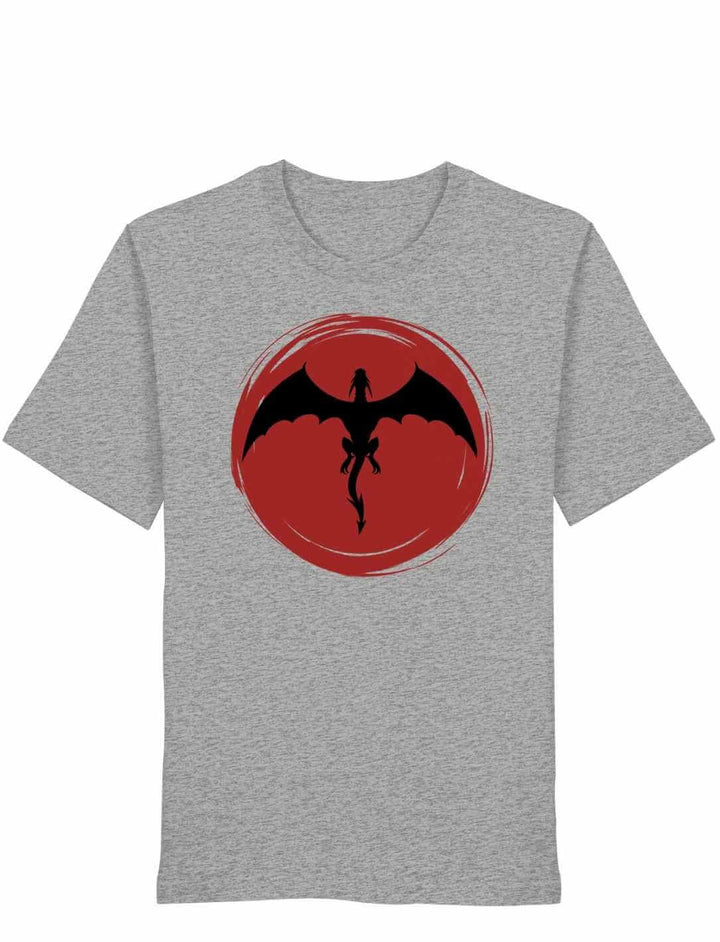 Grau meliertes Unisex Organic Shirt mit Drachenmotiv „Saga of the Dragon“ auf weißem Hintergrund