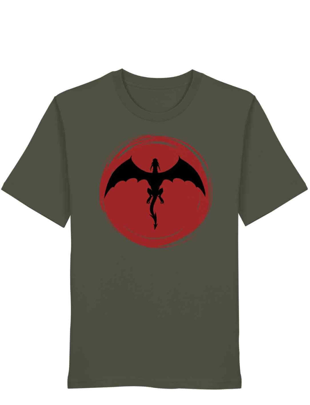 Khaki Unisex Organic Shirt mit Drachenmotiv „Saga of the Dragon“ auf weißem Hintergrund