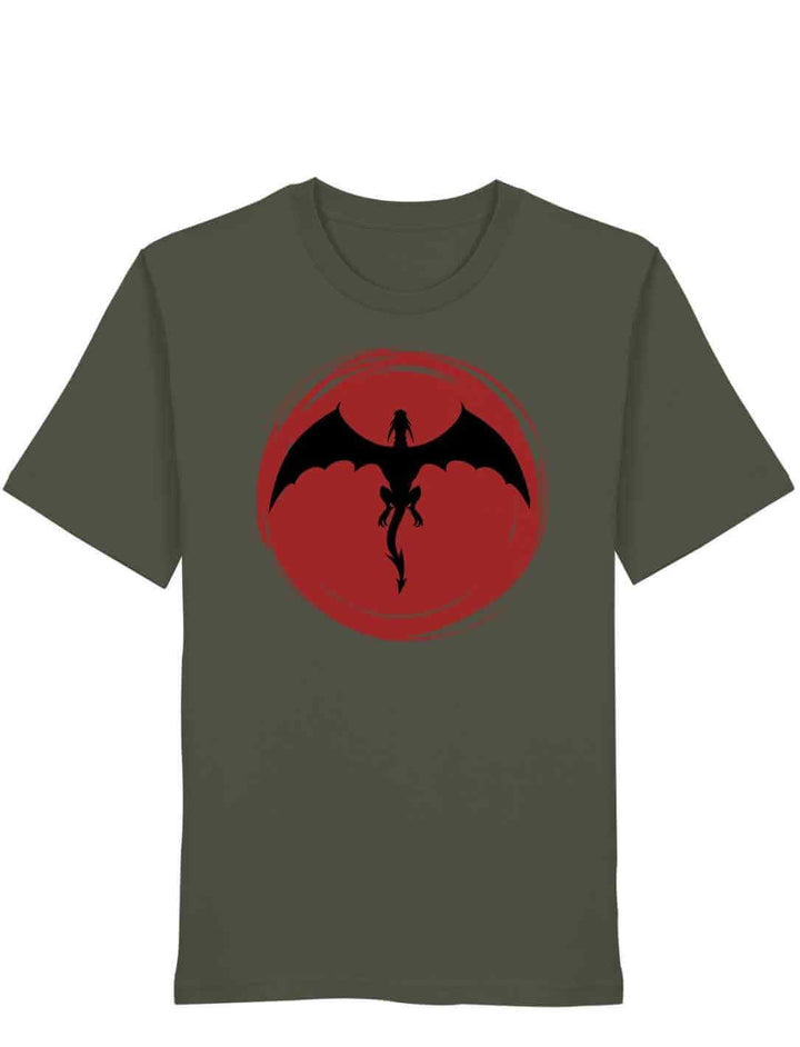 Khaki Unisex Organic Shirt mit Drachenmotiv „Saga of the Dragon“ auf weißem Hintergrund