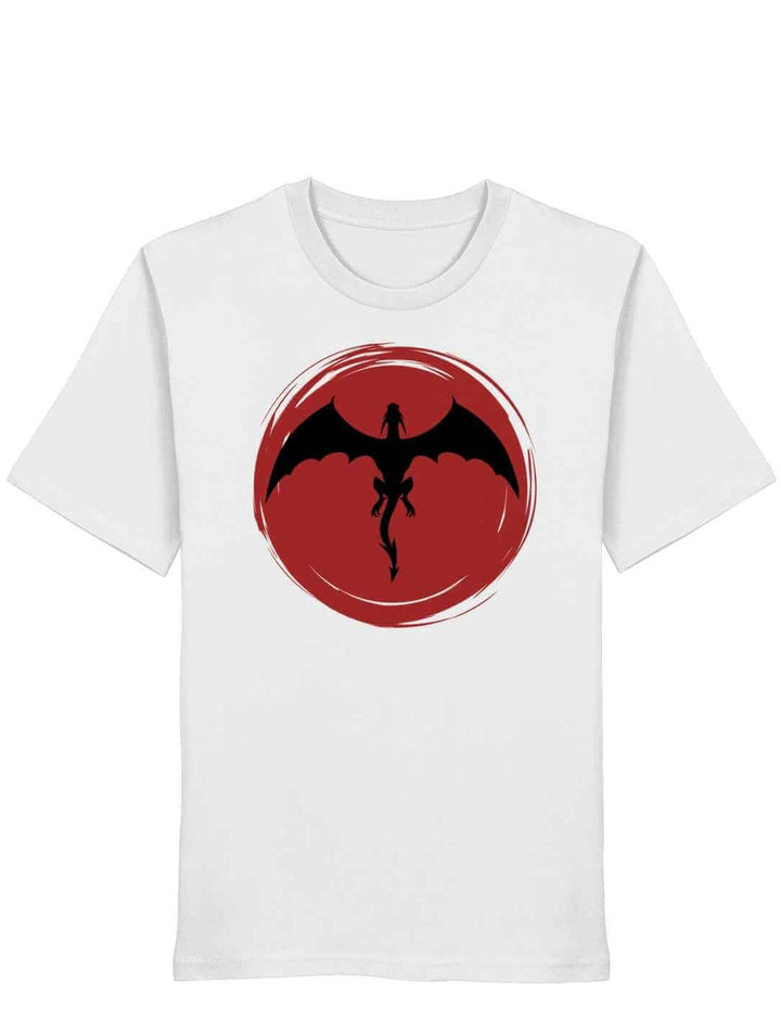 Weißes Unisex Organic Shirt mit Drachenmotiv „Saga of the Dragon“ auf weißem Hintergrund