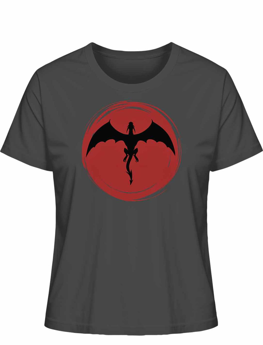 'Saga of the Dragon' T-Shirt in Liegeansicht auf natürlichem Hintergrund, zeigt das kunstvolle Drachen-Design in der Farbe Anthrazit.