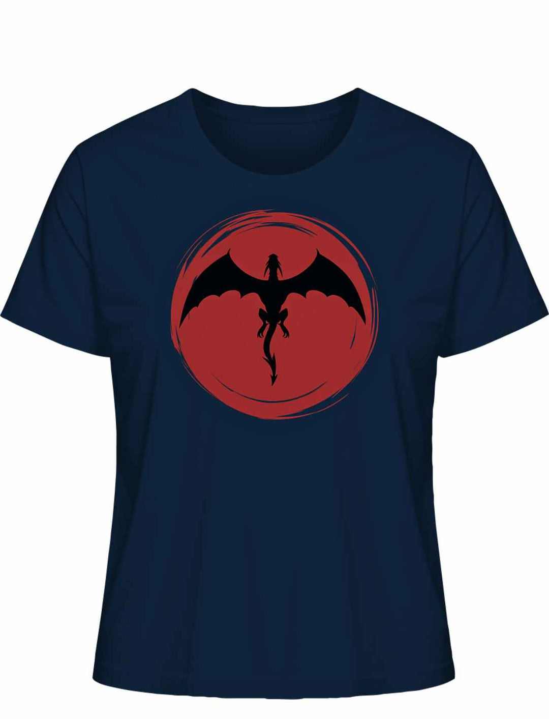 'Saga of the Dragon' T-Shirt in Liegeansicht auf natürlichem Hintergrund, zeigt das kunstvolle Drachen-Design in der Farbe French Navy.