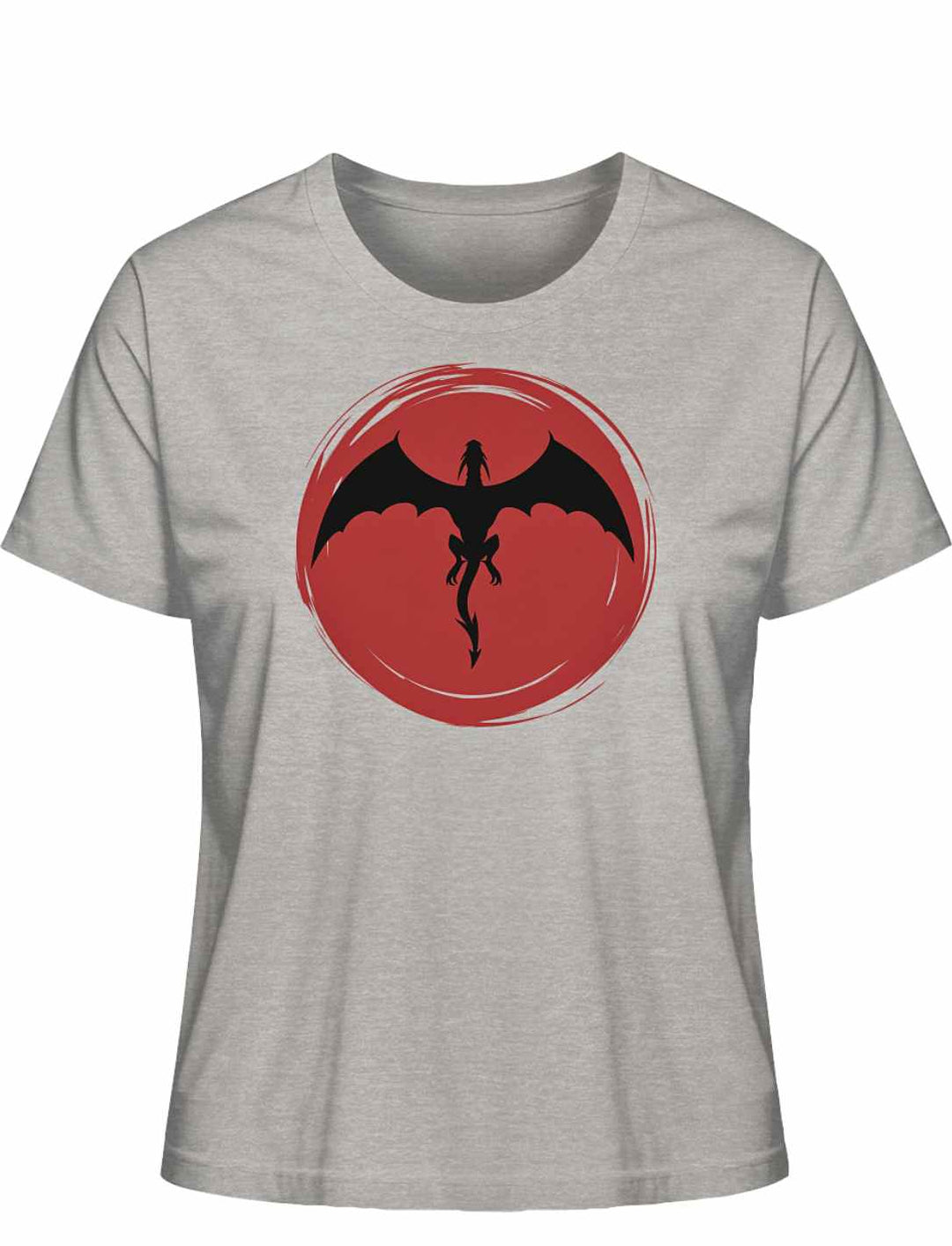 'Saga of the Dragon' T-Shirt in Liegeansicht auf natürlichem Hintergrund, zeigt das kunstvolle Drachen-Design in der Farbe Heather Grey.