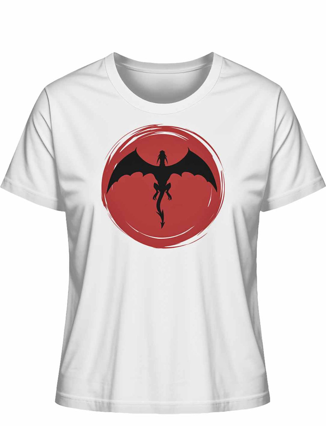 Weisses 'Saga of the Dragon' T-Shirt in Liegeansicht auf natürlichem Hintergrund, zeigt das kunstvolle Drachen-Design.