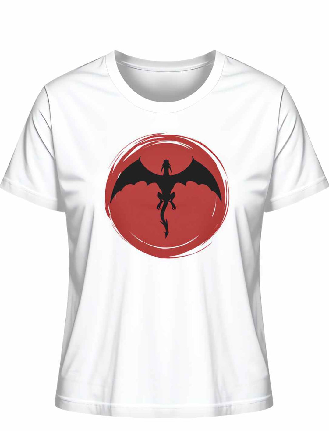Weißes 'Saga of the Dragon' T-Shirt in Liegeansicht auf natürlichem Hintergrund, zeigt das kunstvolle Drachen-Design.