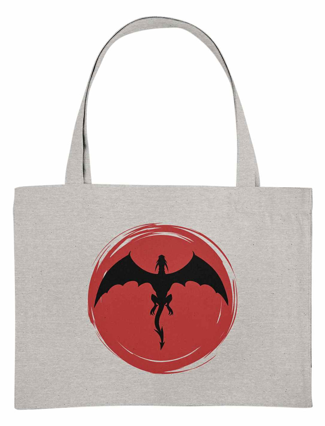 Graue 'Saga of the Dragon' Organic Shopping Bag auf neutralem Hintergrund, verbindet Nachhaltigkeit mit mystischer Eleganz.