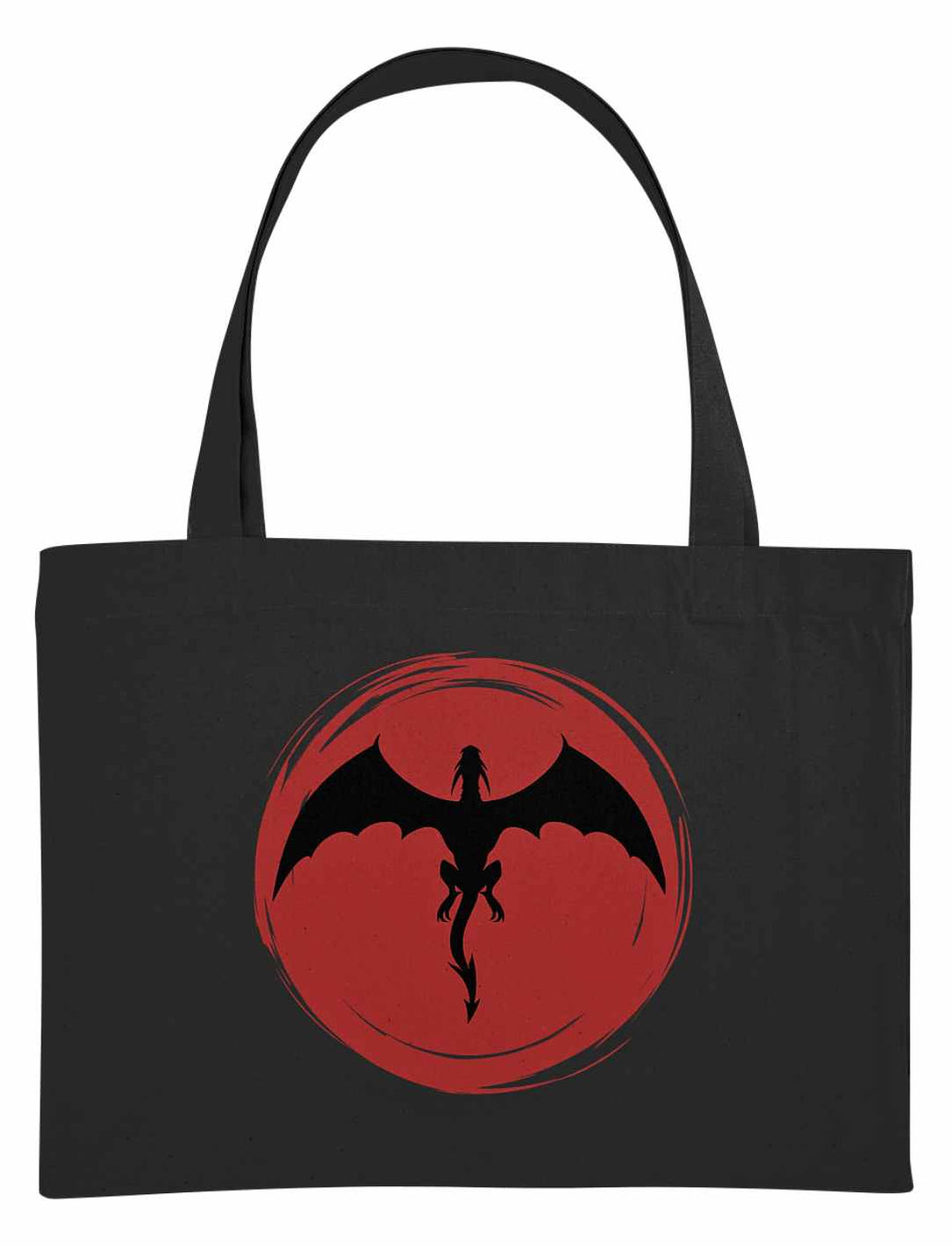 Schwarze 'Saga of the Dragon' Organic Shopping Bag aus recycelten Materialien, bereit, die Magie des Einkaufens zu entfachen.