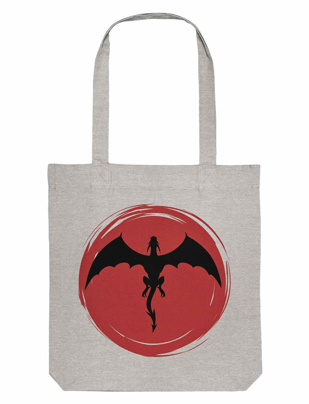Graue Organic Tote Bag von Runental, verziert mit dem 'Saga of the Dragon'-Motiv, stellt eine stilvolle Wahl für Liebhaber der Drachenlegenden dar.