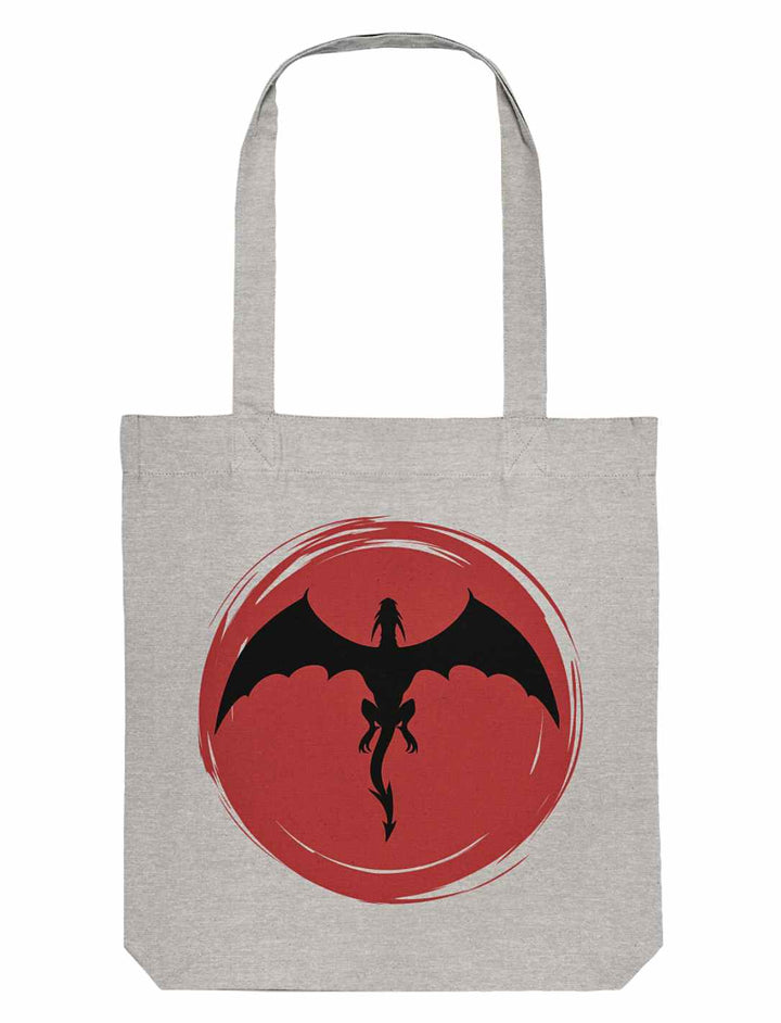 Graue Organic Tote Bag von Runental, verziert mit dem 'Saga of the Dragon'-Motiv, stellt eine stilvolle Wahl für Liebhaber der Drachenlegenden dar.