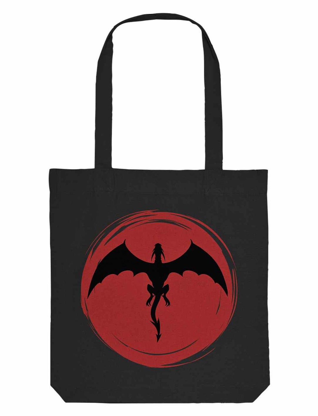 Schwarze Organic Tote Bag von Runental mit auffälligem 'Saga of the Dragon'-Design, verbindet alltägliche Funktionalität mit einem Hauch von alter Mythologie.