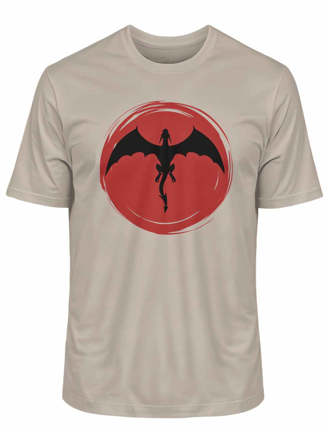 Desert Dust 'Saga of the Dragon' Organic Unisex T-Shirt in Liegedarstellung auf weißem Hintergrund, unterstreicht die warme Farbpalette und das detaillierte Drachen-Design.