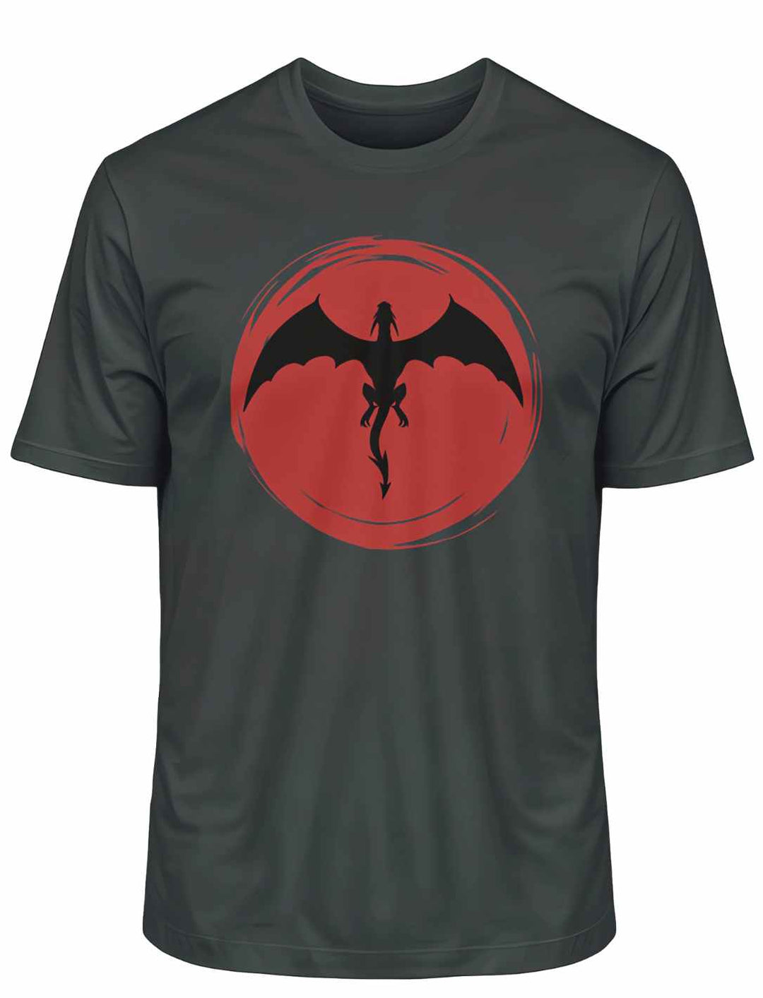 India Ink Grey 'Saga of the Dragon' Organic Unisex T-Shirt flach auf weißer Oberfläche, hebt das subtile Drachen-Design hervor.