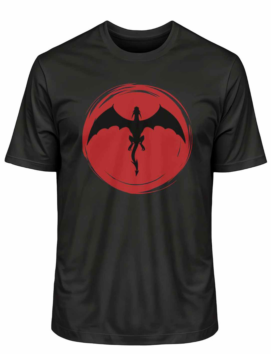 Schwarzes 'Saga of the Dragon' Organic Unisex T-Shirt flach ausgelegt auf weißem Hintergrund, betont das kontrastreiche Drachen-Design.