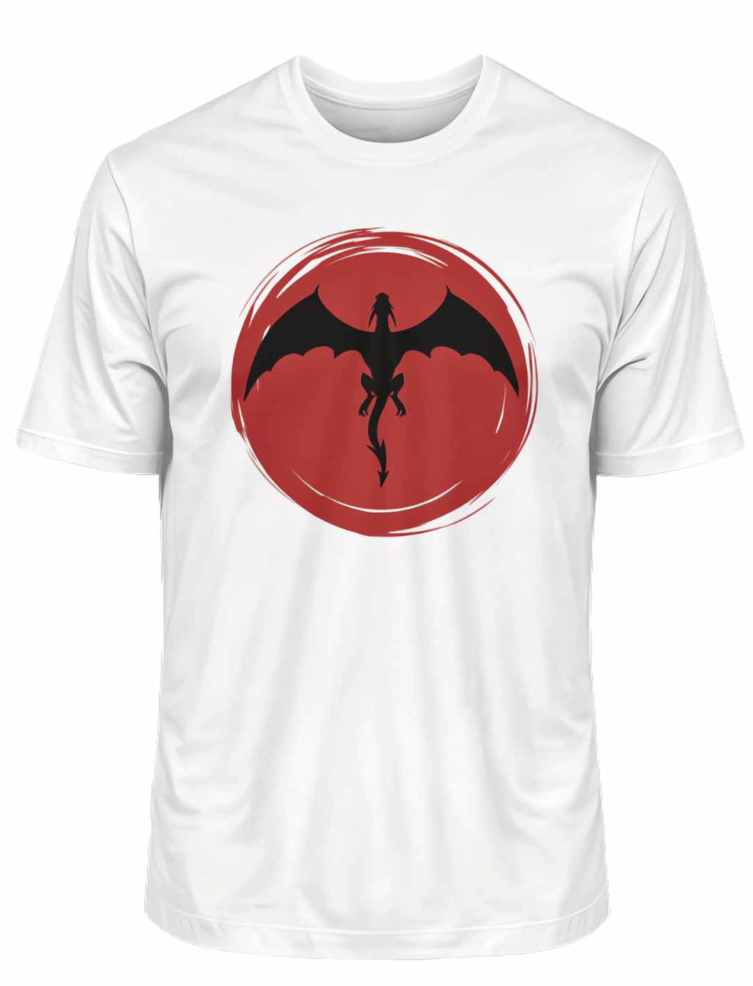 Weißes 'Saga of the Dragon' Organic Unisex T-Shirt liegend auf weißem Untergrund, das elegante Drachen-Motiv zeigend.