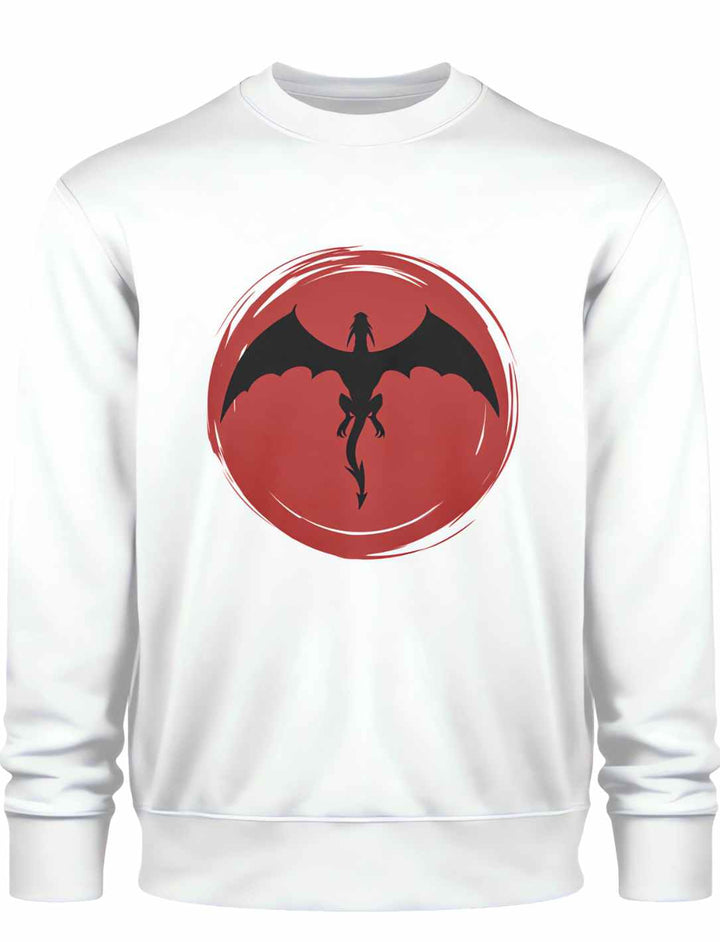 Weißes 'Saga of the Dragon' Sweatshirt in Liegedarstellung, das mystische Drachen-Design elegant zur Schau stellend.