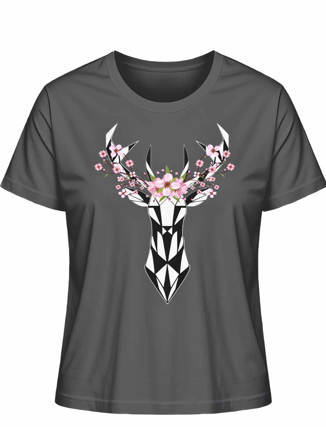 "Sakura Deer" Damen-T-Shirt in Anthrazit, flach ausgebreitet, mit einem kontrastreichen Sakura- und Hirschdruck, der die Verbindung zur japanischen Natur symbolisiert.