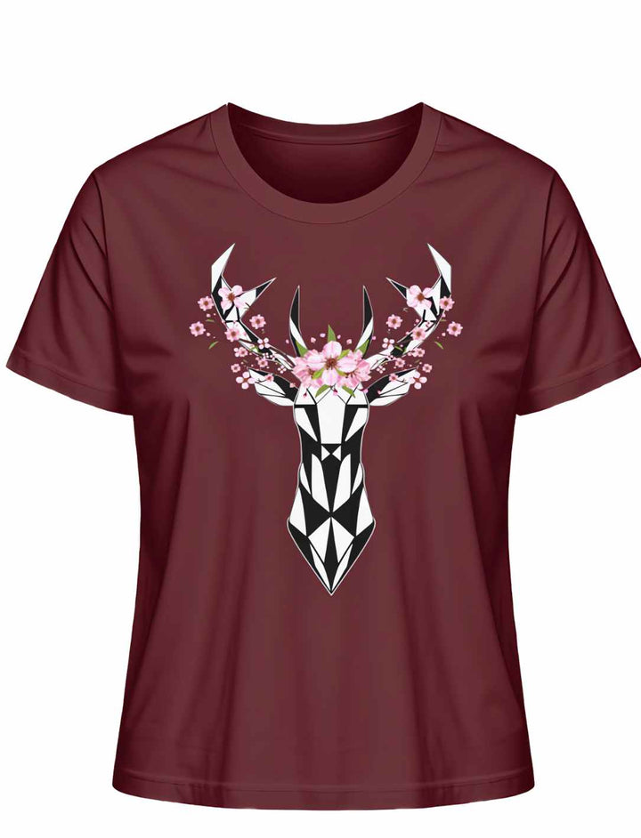 "Sakura Deer" Damen-T-Shirt in Burgund, liegend präsentiert, mit einem grafischen Hirsch- und Kirschblüten-Design, inspiriert von der Schönheit Japans.