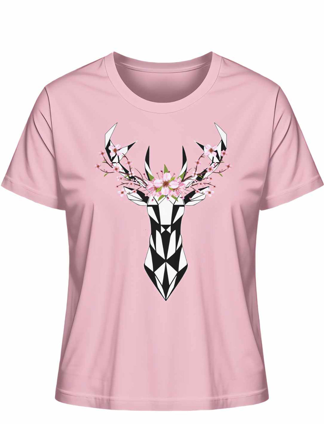 "Sakura Deer" Damen-T-Shirt in Cotton Pink, flach liegend, mit einem schwarzen Hirsch-Silhouetten-Design, umringt von Sakura-Blüten, als Tribut an die japanische Kirschblütensaison.