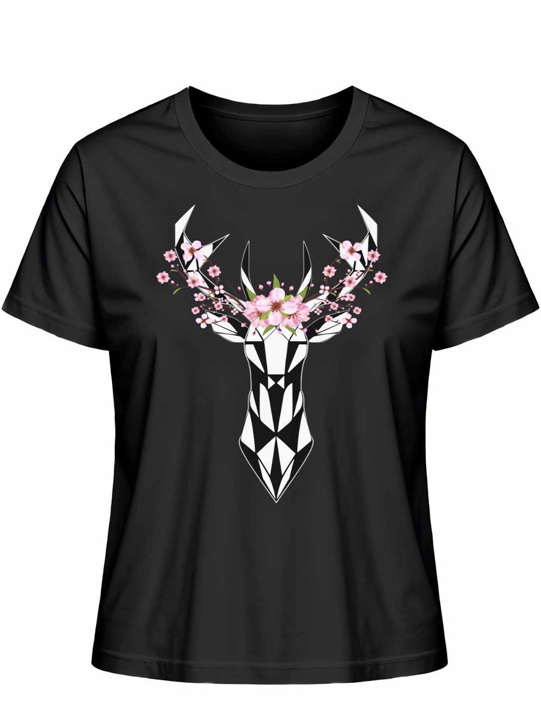 "Sakura Deer" Damen-T-Shirt in Schwarz, flach liegend auf weißem Hintergrund, mit einem eleganten, von der japanischen Kirschblüte inspirierten Hirschmotiv.