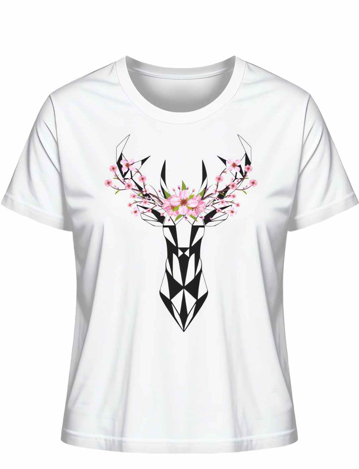 "Sakura Deer" Damen-T-Shirt in Weiß, flach liegend, mit einem zarten, von Sakura-Blüten umgebenen Hirschdesign, das japanische Ästhetik hervorhebt.