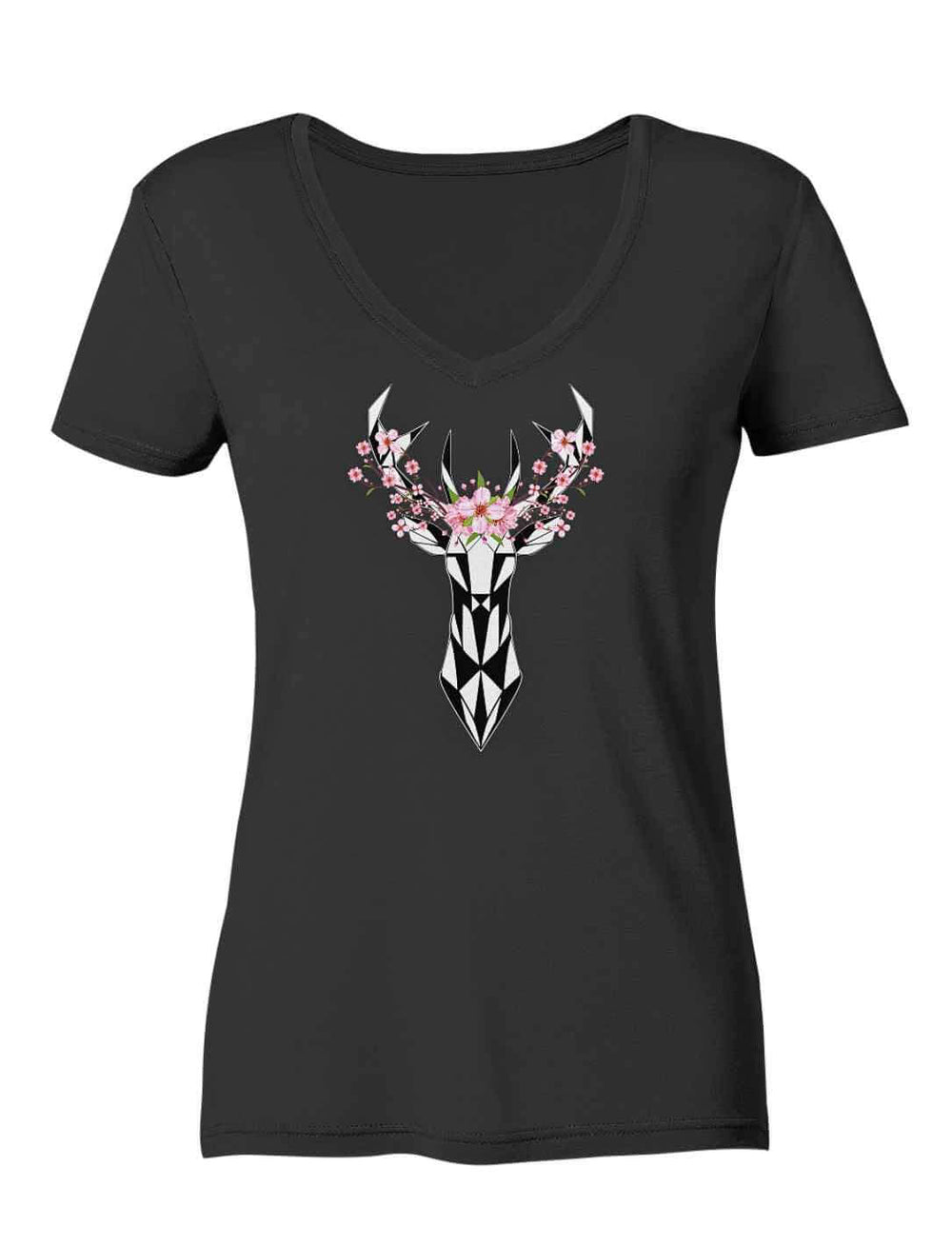 Sakura Deer Organic Damen V-Neck Shirt in Schwarz auf weißem Hintergrund