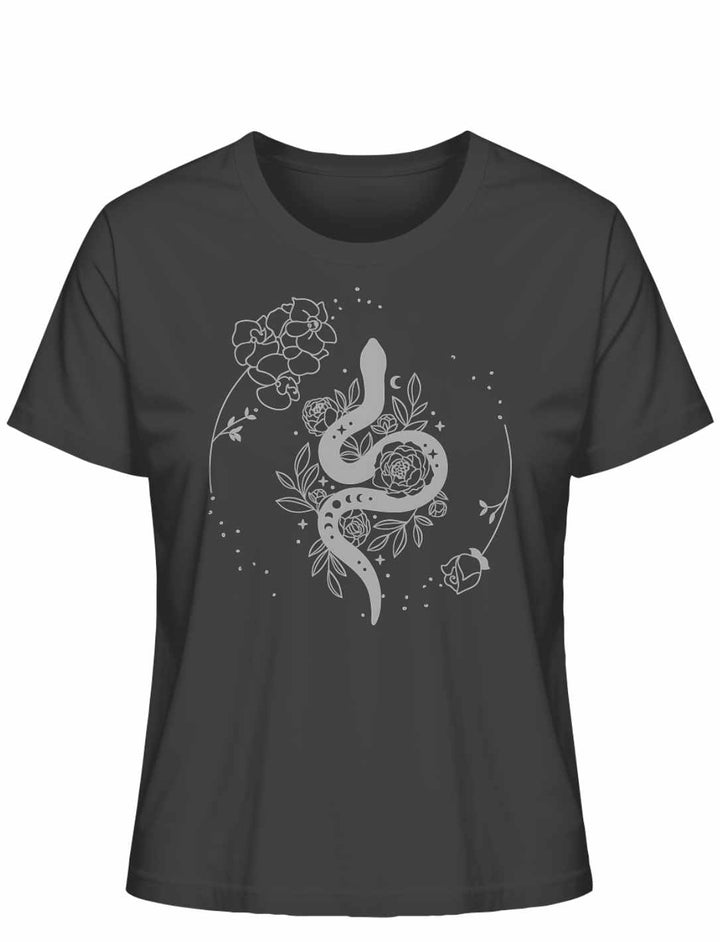 Snake of Wisdom T-Shirt in Anthrazit auf weißem Hintergrund, zeigt eine detailreiche Darstellung einer Schlange und floralen Motiven, symbolisch für Wissen und Transformation.