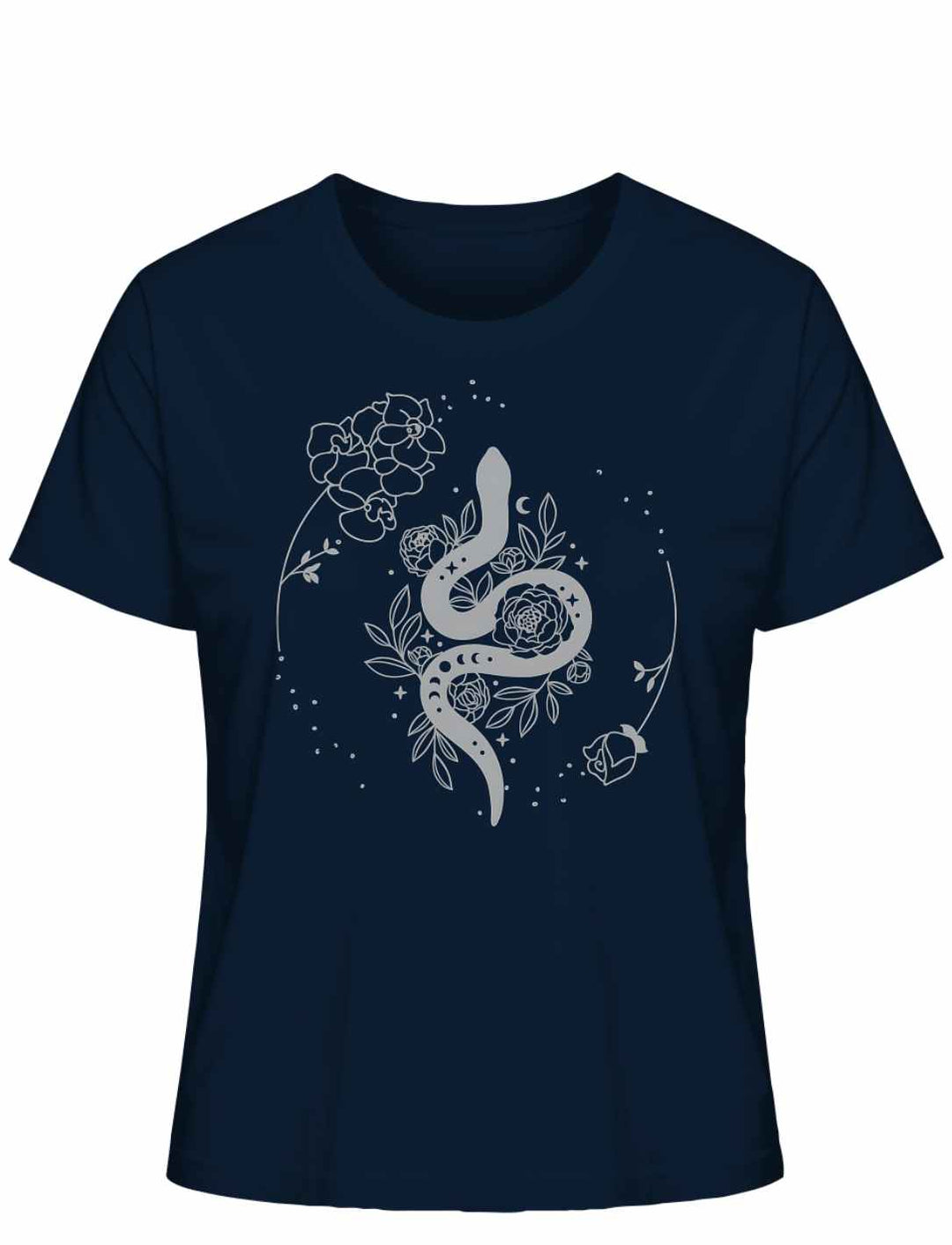 Snake of Wisdom T-Shirt in French Navy auf weißem Hintergrund, kombiniert ein nautisches Blau mit der symbolischen Schlange, ideal für Liebhaber von Meeresabenteuern und Mythologie.