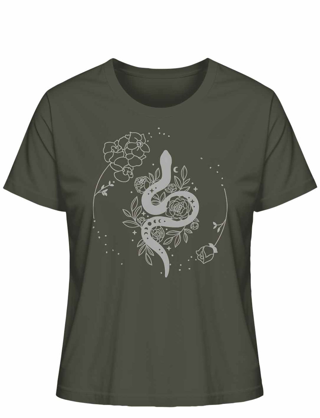 Snake of Wisdom T-Shirt in Khaki auf weißem Hintergrund, zeigt eine detailreiche Darstellung einer Schlange und floralen Motiven, symbolisch für Wissen und Transformation.