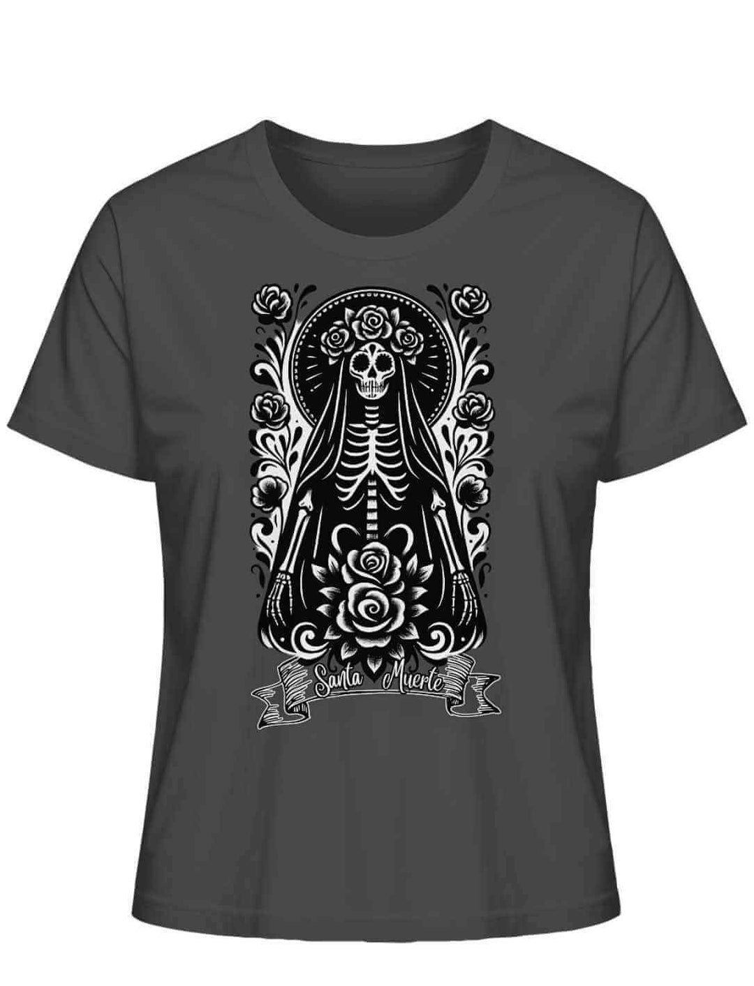 Santa Muerte Damen Shirt in Anthrazit – Bio-Baumwolle mit handgezeichnetem Design